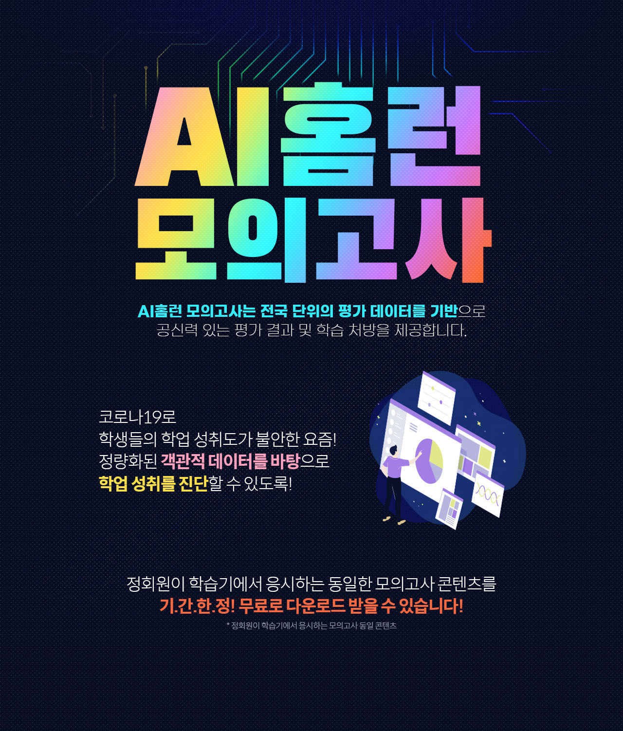 AI홈런모의고사. AI홈런 모의고사는 전국 단위의 평가 테이터를 기반으로 공신력 있는 평가 결과 및 학습 처방을 제공합니다. 코로나19로 학생들의 학업 성취도가 불안한 요즘! 정량화된 객관적 데이터를 바탕으로 학업 성취를 진단할 수 있도록! 정회원이 학습기에서 응시하는 동일한 모의고사 콘텐츠를 기.간.한.정! 무료로 다운로드 받을 수 있습니다!* 정회원이 학습기에서 응시하는 모의고사 동일 콘텐츠