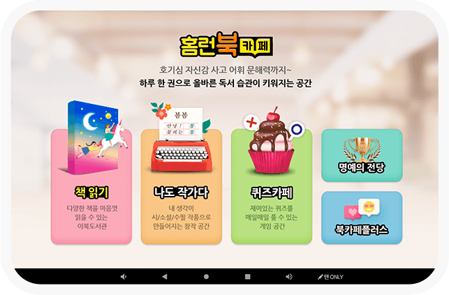 글로벌 인재로의 준비도 가능해요! 홈런북카페/코딩/AR/VR 등 학교를 넘어 4차 산업 리더로 앞서 나가요. 문해력과 사교력 UP! 홈런 북카페 맞춤형 소프트웨어 코딩 미래 사회의 나만의 경쟁력 소프트스킬 AR,VR,XR 실감형 영상 콘텐츠