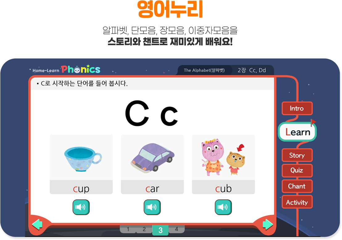 영어누리 알파벳,단모음,장모음,이중자모음을 스토리와 챈드로 재미있게 배워요!